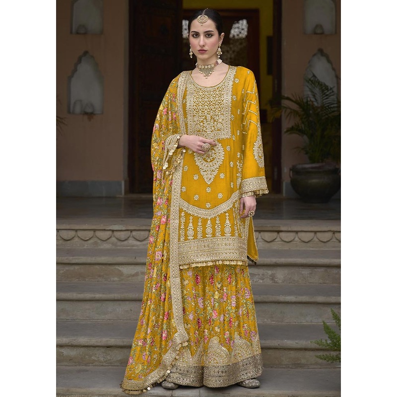 3 Pc Yellow Semi Stitched Silk Suit Set - JD986604665