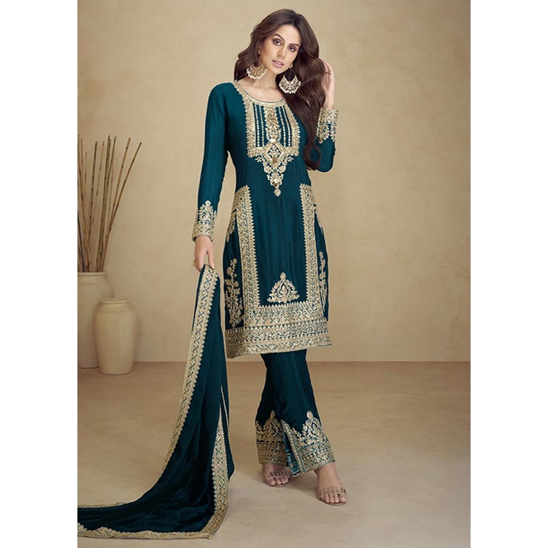 3 Pc Teal Semi Stitched Georgette Suit Set - JD986604451