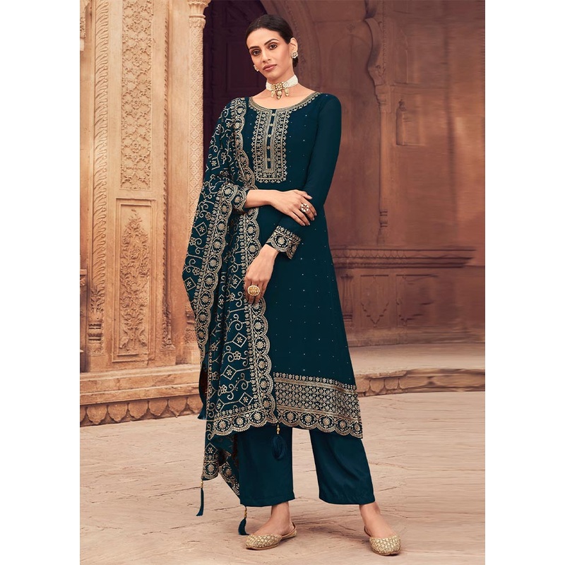 3 Pc Teal Semi Stitched Georgette Suit Set - JD986604452