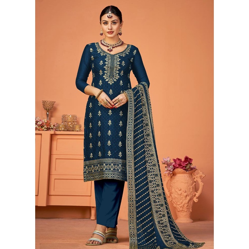 3 Pc Teal Semi Stitched Georgette Suit Set - JD986604454