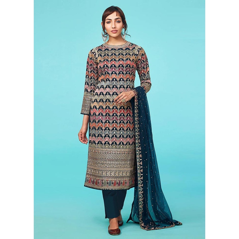 3 Pc Teal Semi Stitched Georgette Suit Set - JD986604455