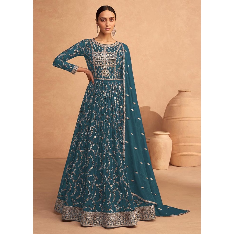 3 Pc Teal Semi Stitched Georgette Suit Set - JD986604456