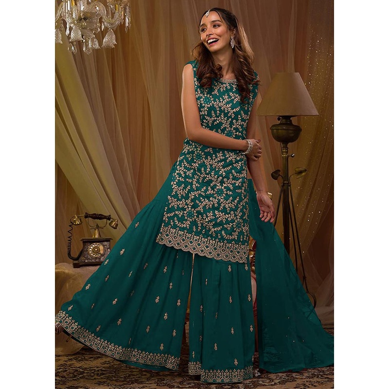 3 Pc Teal Semi Stitched Georgette Suit Set - JD986604457