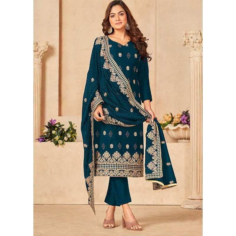 3 Pc Teal Semi Stitched Georgette Suit Set - JD986604458
