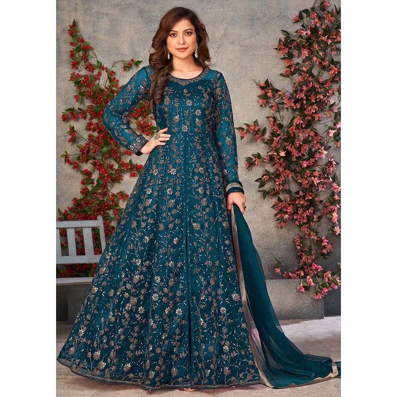 3 Pc Teal Semi Stitched Net Suit Set - JD986604449