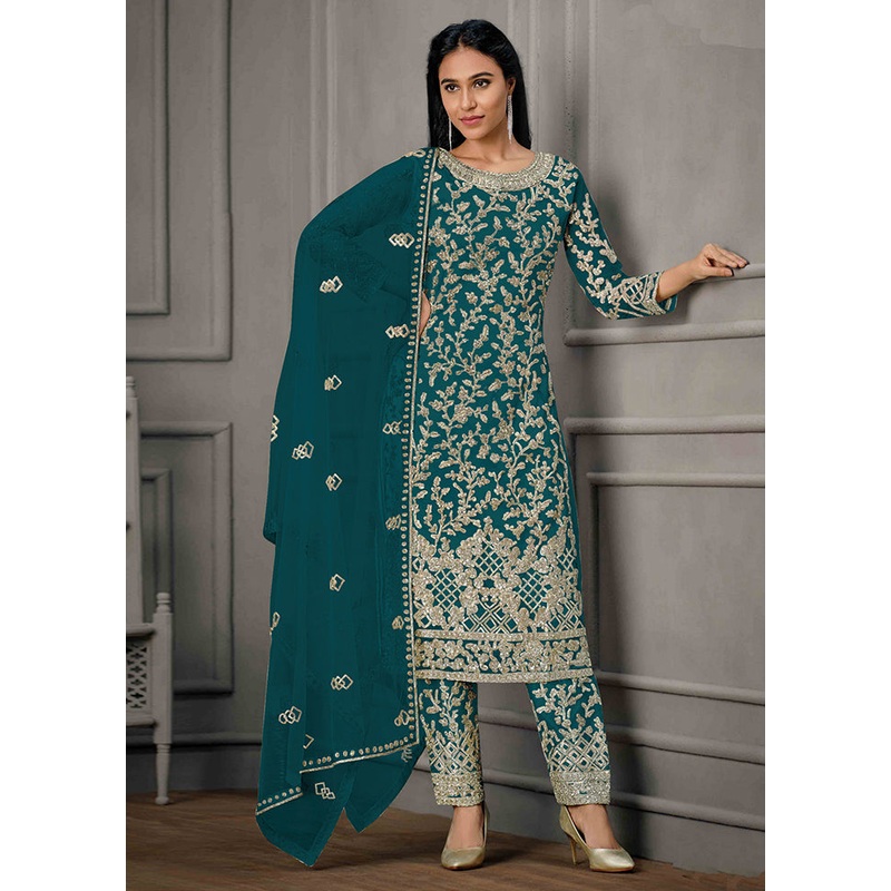 3 Pc Teal Semi Stitched Net Suit Set - JD986604450