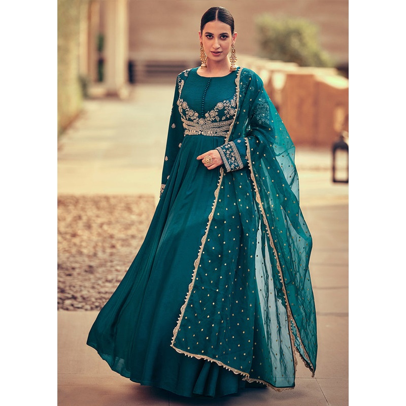 3 Pc Teal Semi Stitched Silk Suit Set - JD986604446