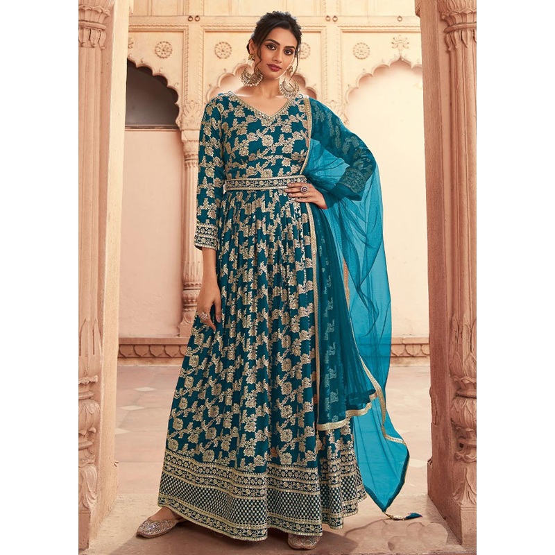 3 Pc Teal Semi Stitched Silk Suit Set - JD986604447