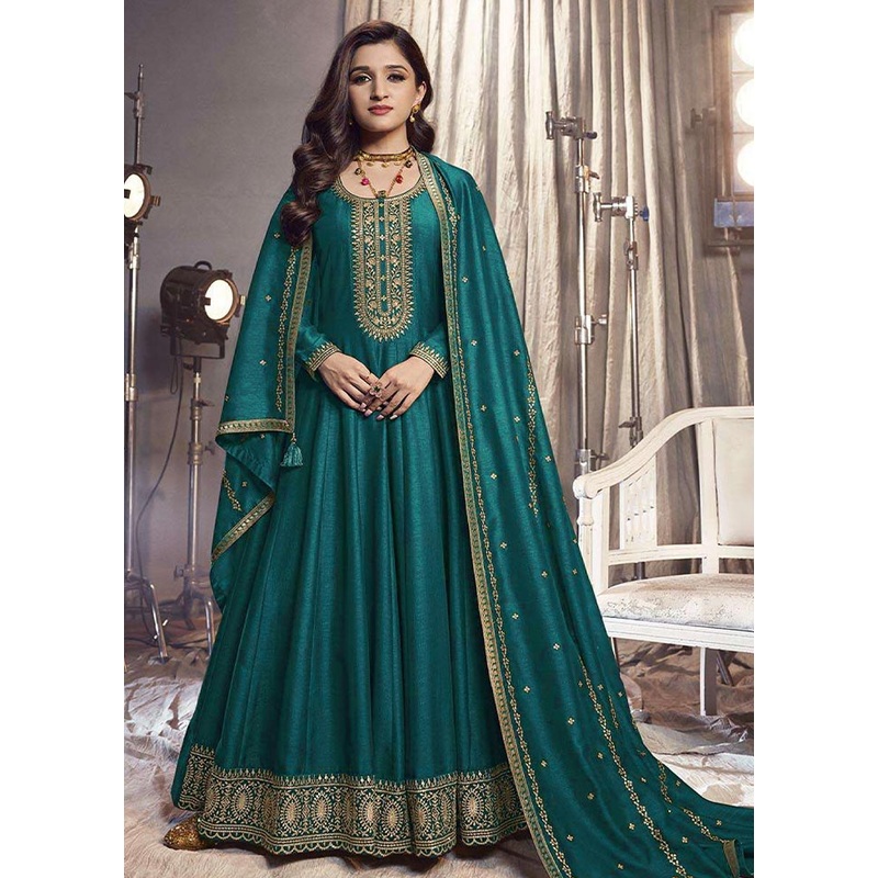 3 Pc Teal Semi Stitched Silk Suit Set - JD986604448