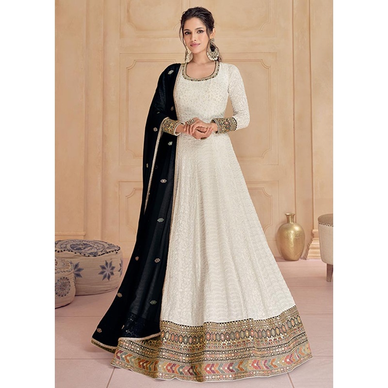 3 Pc White Semi Stitched Georgette Suit Set - JD986604442