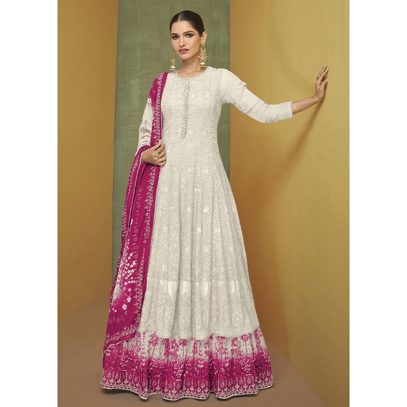 3 Pc White Semi Stitched Georgette Suit Set - JD986604443
