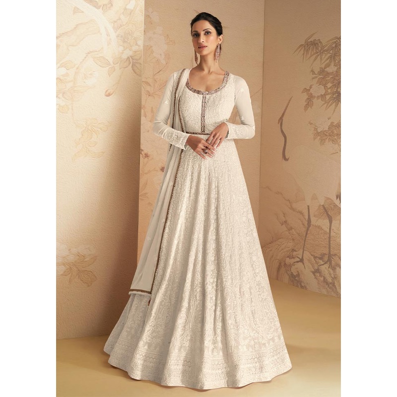 3 Pc White Semi Stitched Georgette Suit Set - JD986604444