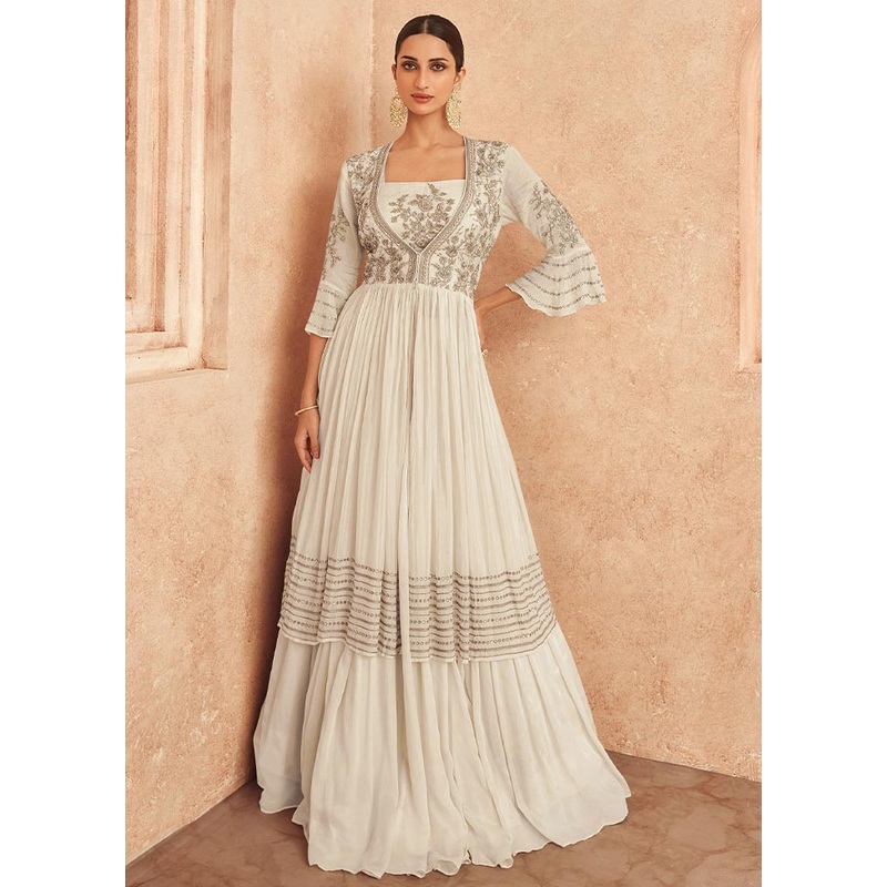3 Pc White Semi Stitched Silk Suit Set - JD986604441