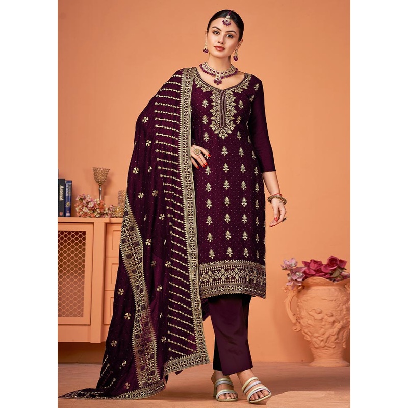 3 Pc Wine Semi Stitched Georgette Suit Set - JD986604438