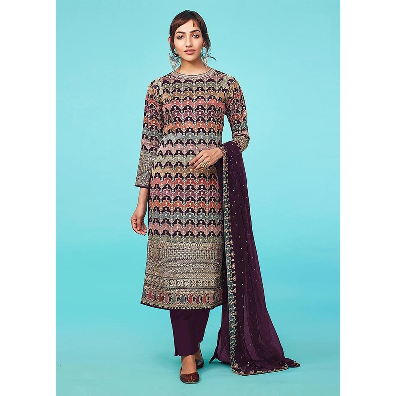 3 Pc Wine Semi Stitched Georgette Suit Set - JD986604439