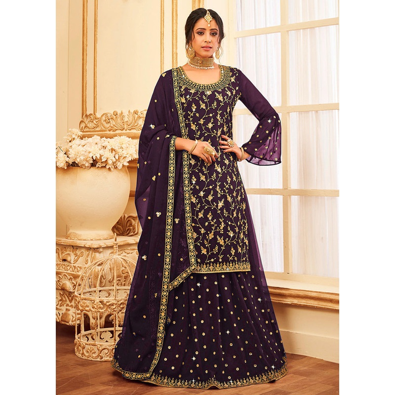 3 Pc Wine Semi Stitched Georgette Suit Set - JD986604440