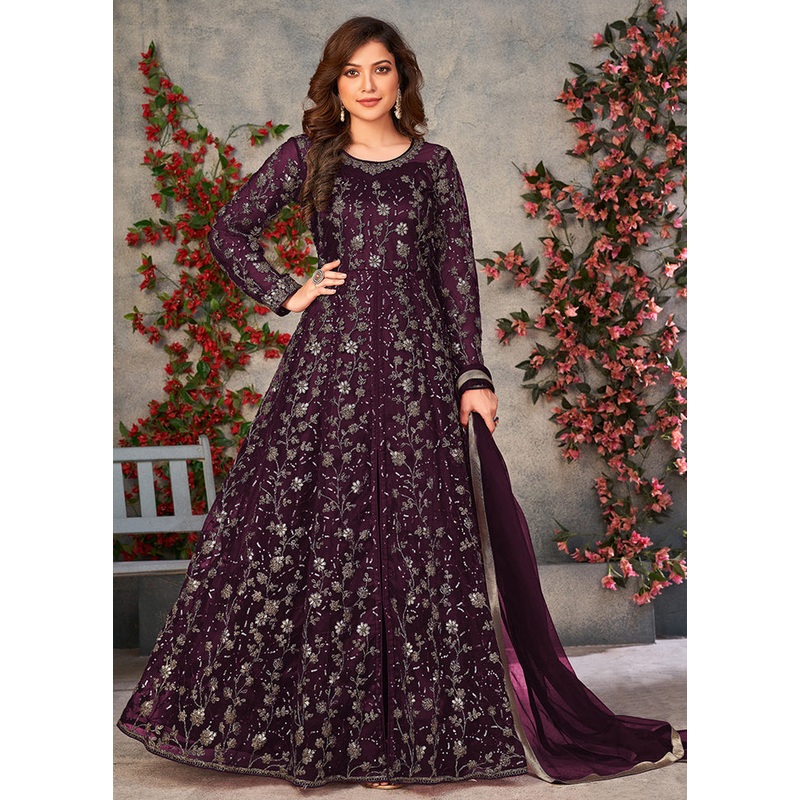3 Pc Wine Semi Stitched Net Suit Set - JD986604437