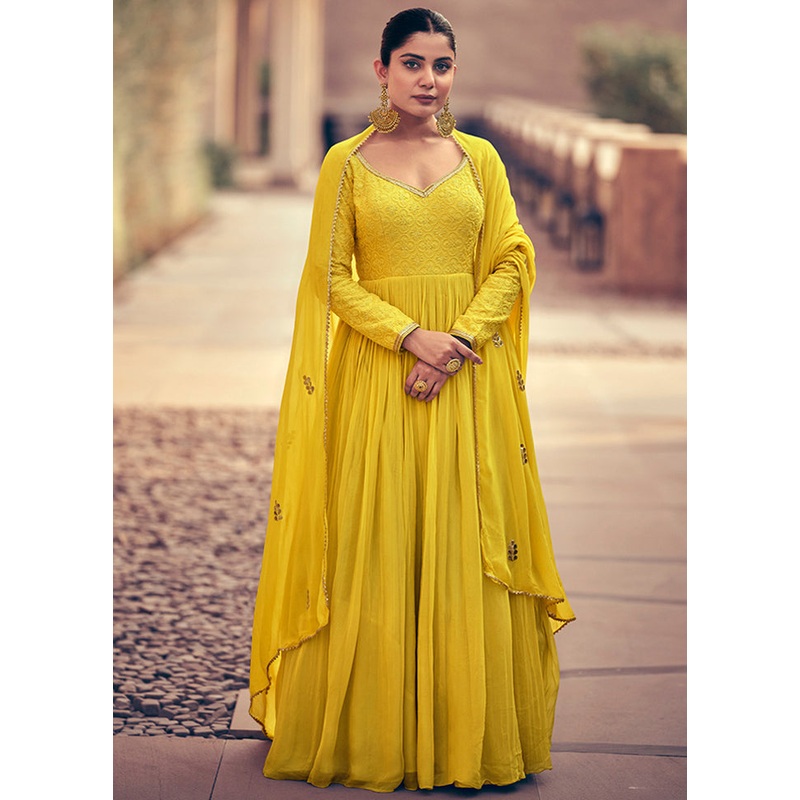 3 Pc Yellow Semi Stitched Georgette Suit Set - JD986604432