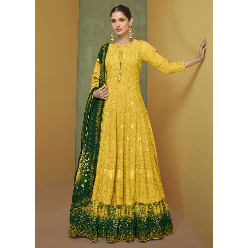 3 Pc Yellow Semi Stitched Georgette Suit Set - JD986604434