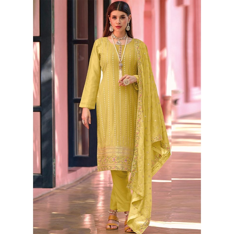 3 Pc Yellow Semi Stitched Georgette Suit Set - JD986604435