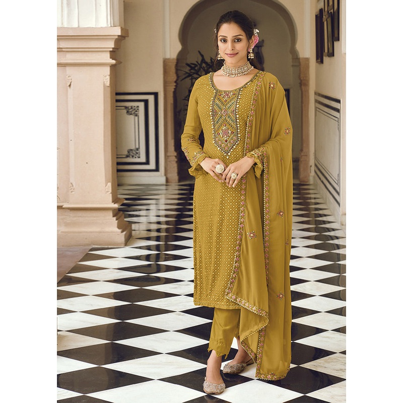 3 Pc Yellow Semi Stitched Georgette Suit Set - JD986604436
