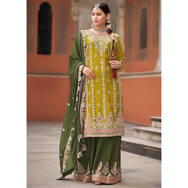 3 Pc Yellow Semi Stitched Silk Suit Set - JD986604426