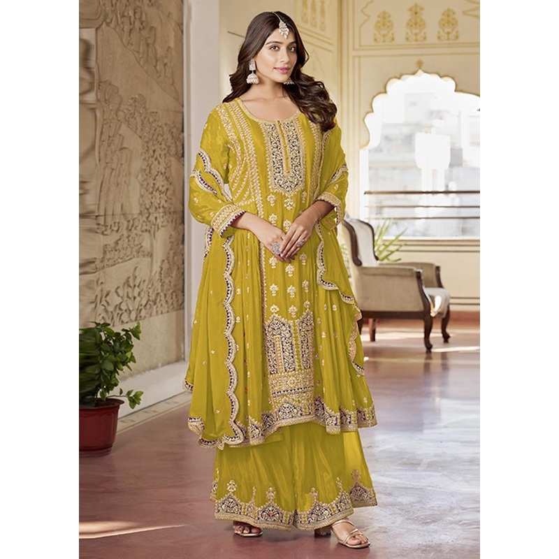 3 Pc Yellow Semi Stitched Silk Suit Set - JD986604427