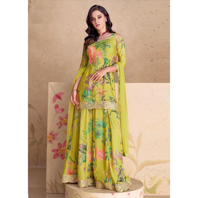 3 Pc Yellow Semi Stitched Silk Suit Set - JD986604428