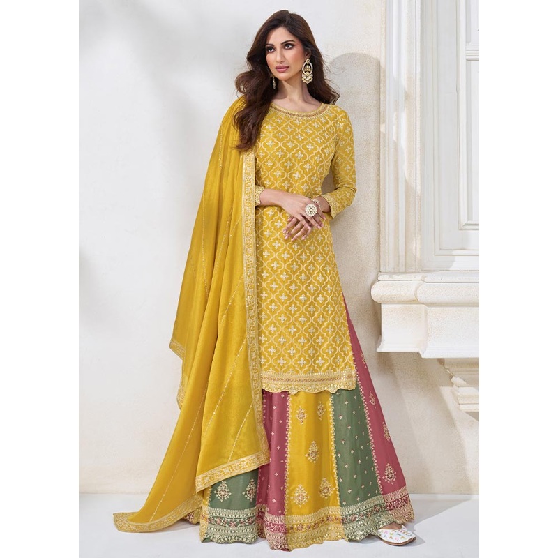 3 Pc Yellow Semi Stitched Silk Suit Set - JD986604430