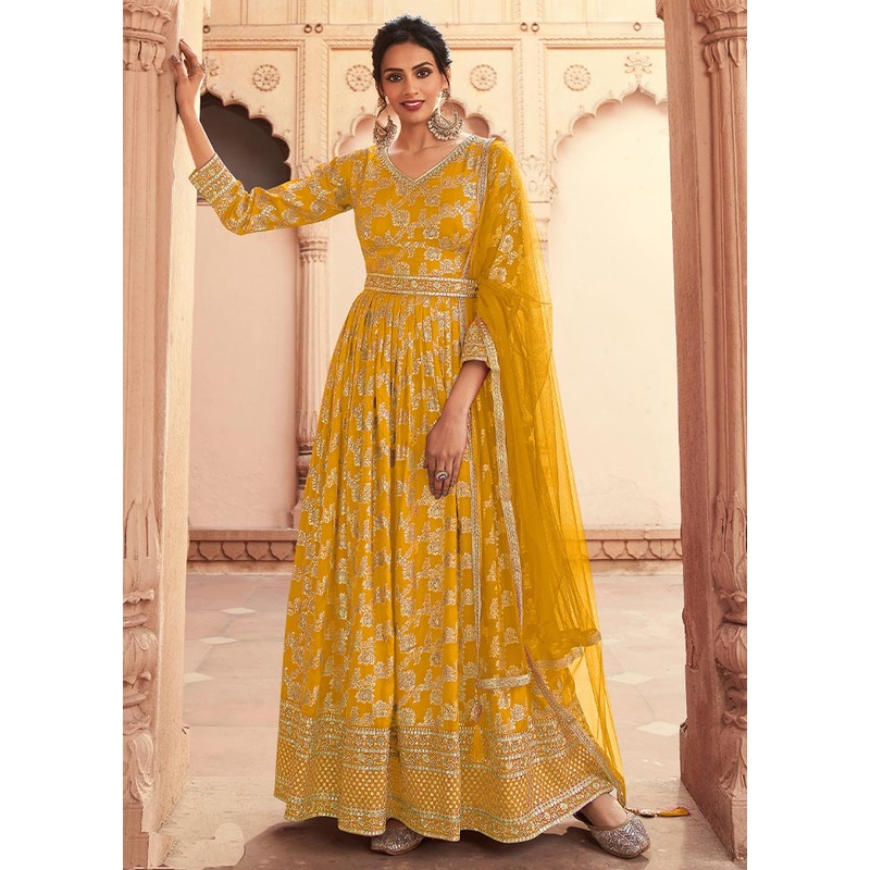 3 Pc Yellow Semi Stitched Silk Suit Set - JD986604431