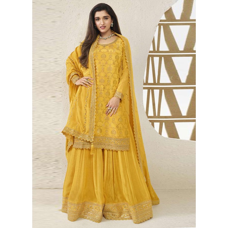 3 Pc Yellow Semi Stitched Viscose Suit Set - JD986604425