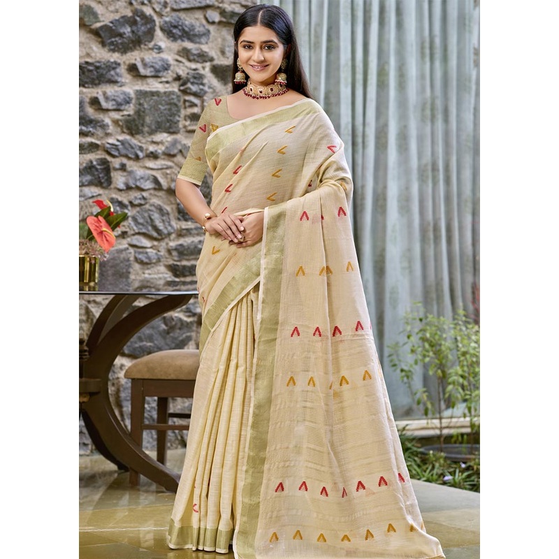 Beige Cotton Saree With Blouse Piece - JD986604424