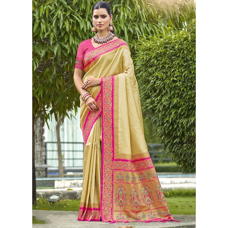 Beige Dupion Silk Saree With Blouse Piece - JD986604405