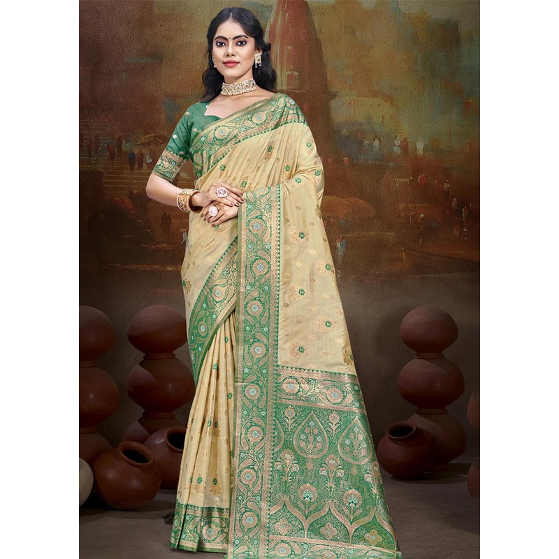 Beige Dupion Silk Saree With Blouse Piece - JD986604406