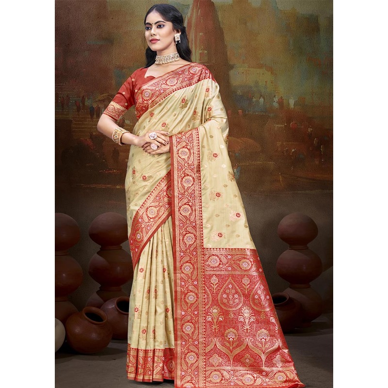 Beige Dupion Silk Saree With Blouse Piece - JD986604407