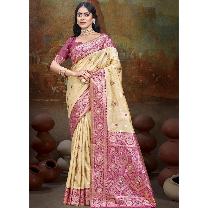 Beige Dupion Silk Saree With Blouse Piece - JD986604408