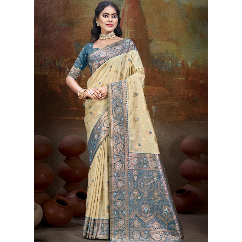 Beige Dupion Silk Saree With Blouse Piece - JD986604409