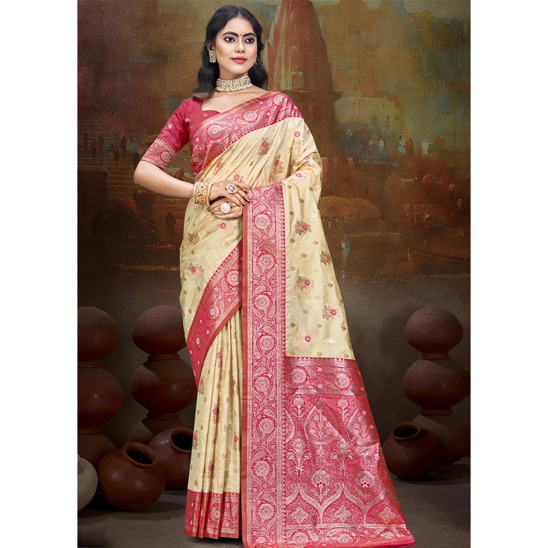 Beige Dupion Silk Saree With Blouse Piece - JD986604410