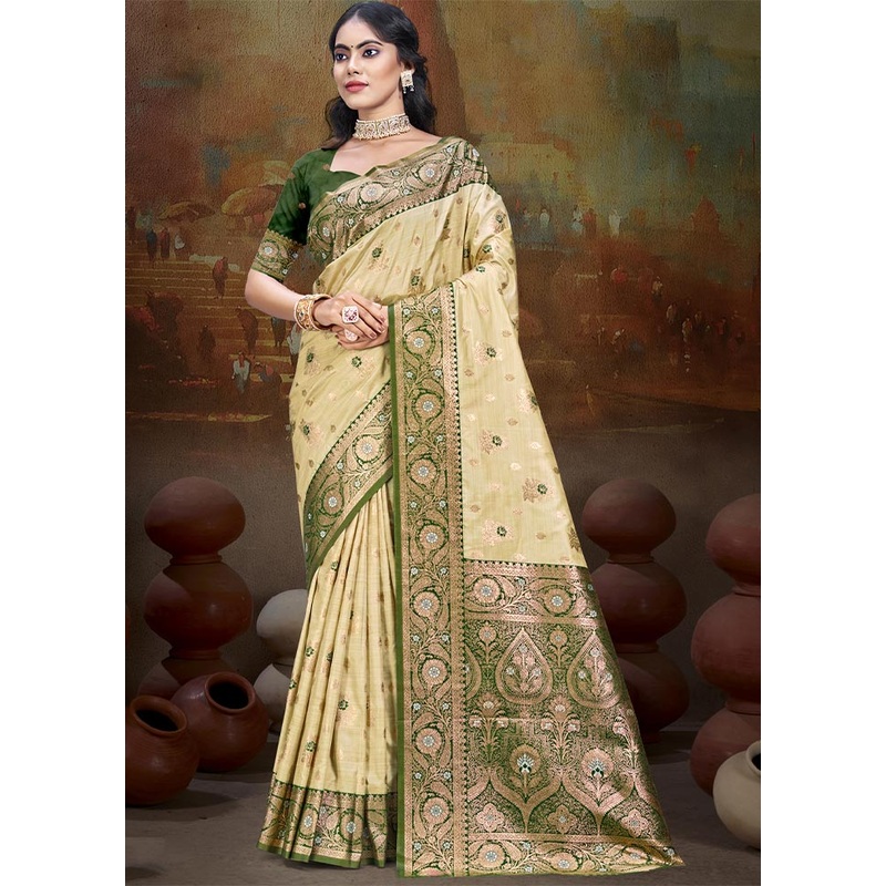 Beige Dupion Silk Saree With Blouse Piece - JD986604411