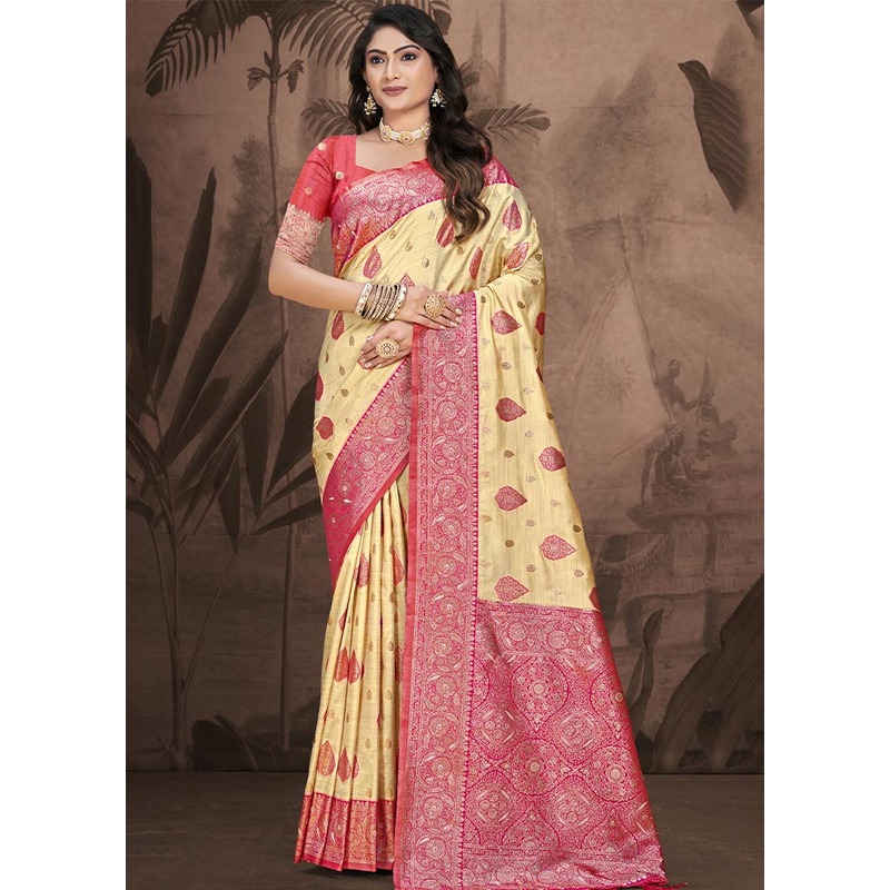 Beige Dupion Silk Saree With Blouse Piece - JD986604412