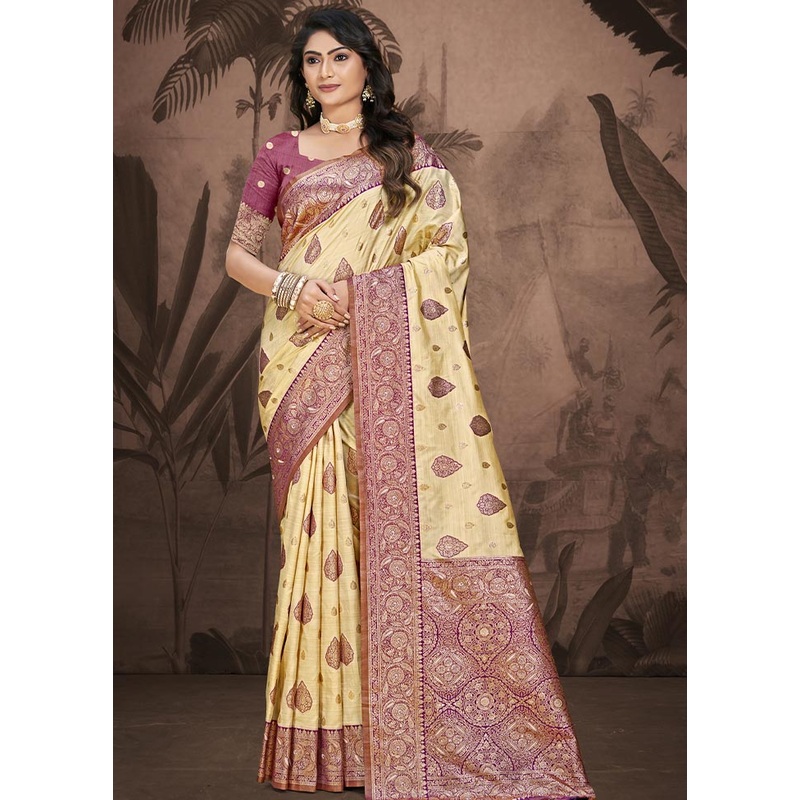 Beige Dupion Silk Saree With Blouse Piece - JD986604414