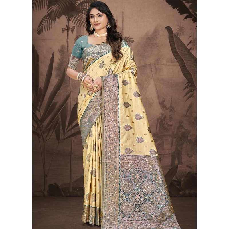 Beige Dupion Silk Saree With Blouse Piece - JD986604415