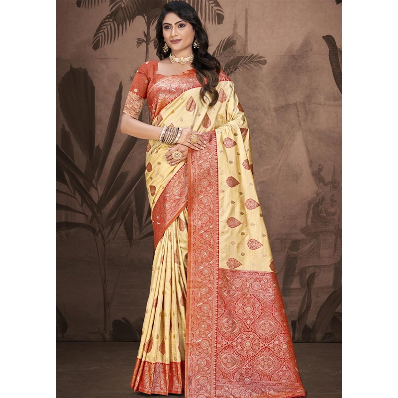 Beige Dupion Silk Saree With Blouse Piece - JD986604416