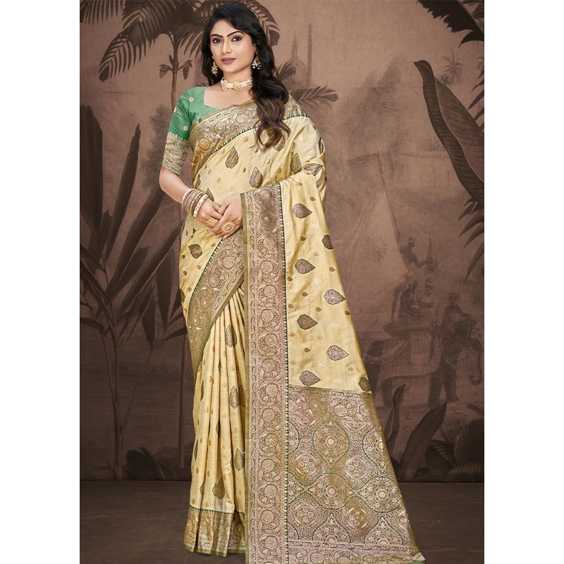 Beige Dupion Silk Saree With Blouse Piece - JD986604417