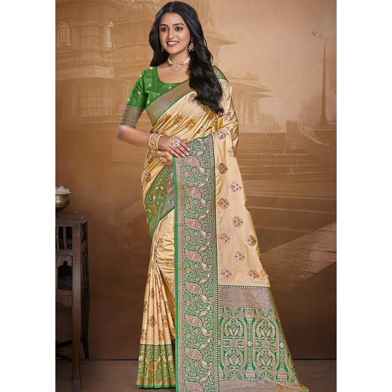 Beige Dupion Silk Saree With Blouse Piece - JD986604418