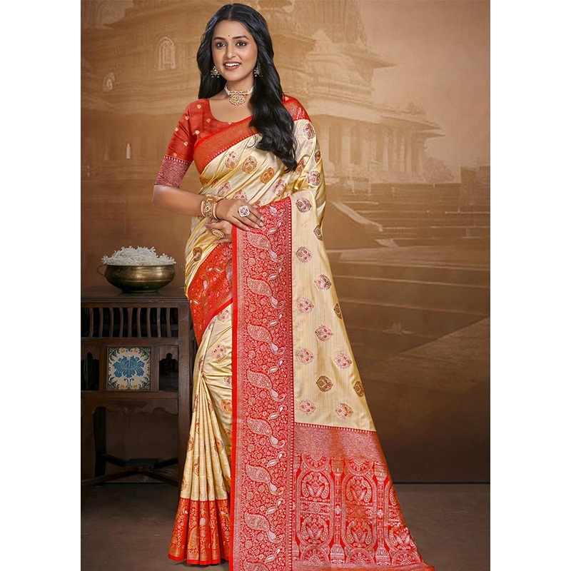 Beige Dupion Silk Saree With Blouse Piece - JD986604419