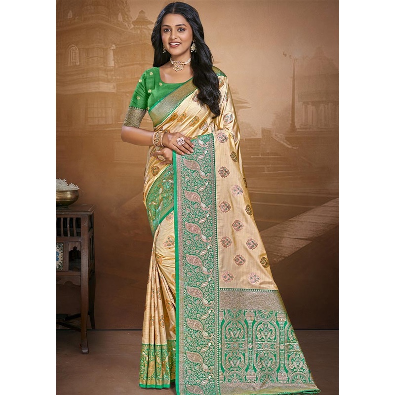 Beige Dupion Silk Saree With Blouse Piece - JD986604420