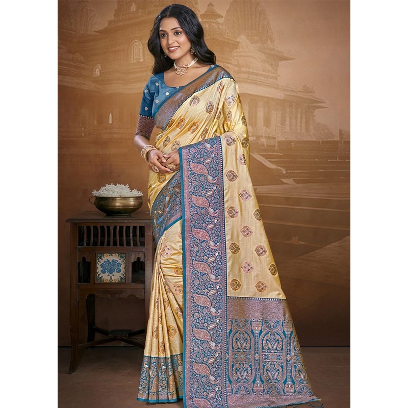 Beige Dupion Silk Saree With Blouse Piece - JD986604422