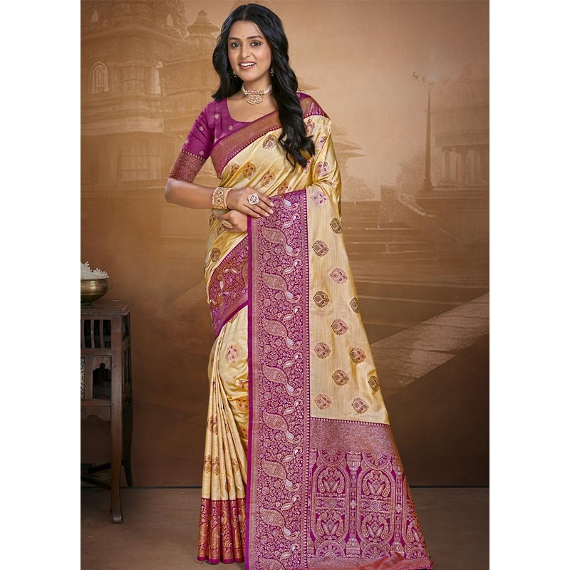 Beige Dupion Silk Saree With Blouse Piece - JD986604423