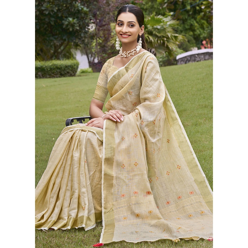 Cream Cotton Saree With Blouse Piece - JD986604385